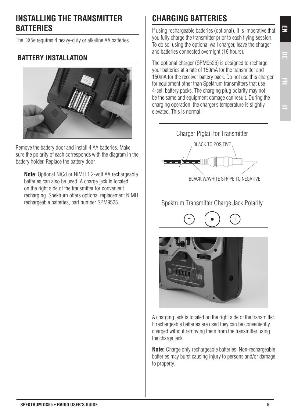 Installing the transmitter batteries, Charging batteries | Spektrum SPMR55001 DX5e Manual User Manual | Page 5 / 67