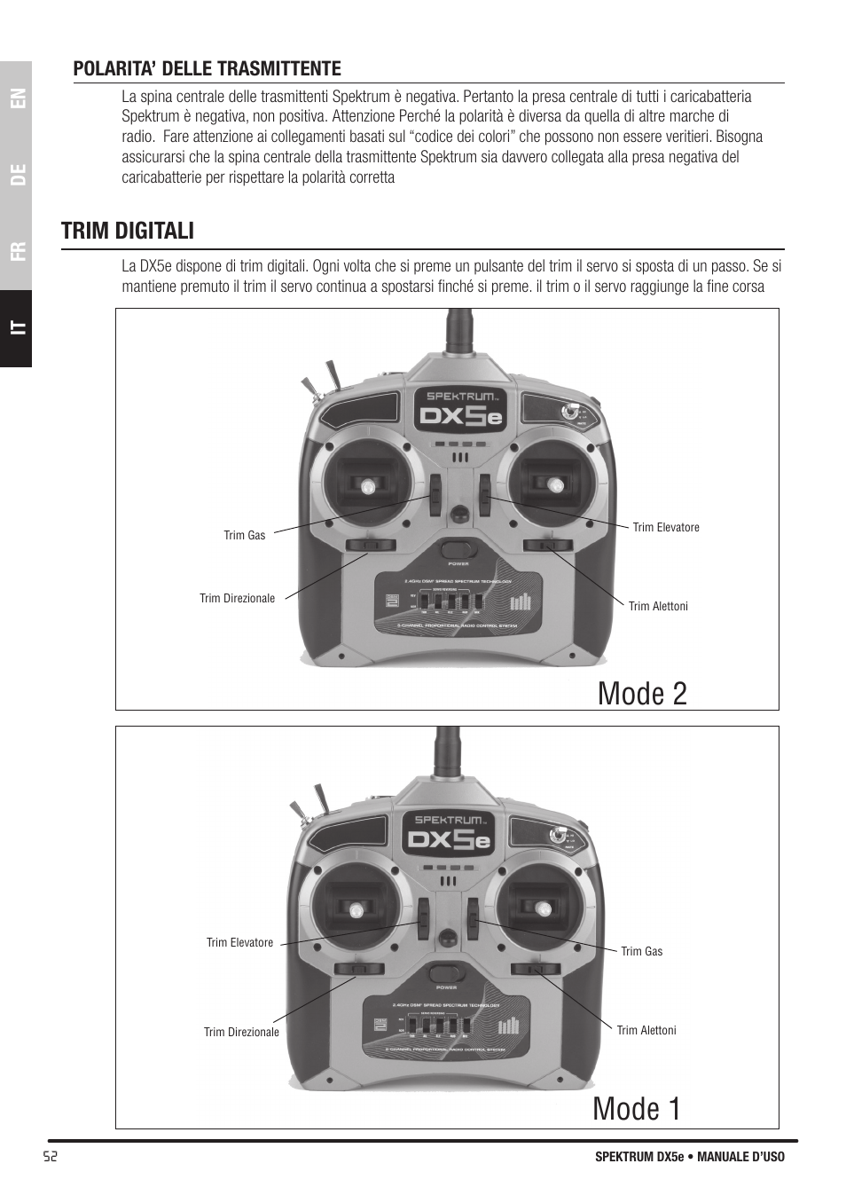 Mode 2, Mode 1, Trim digitali | Spektrum SPMR55001 DX5e Manual User Manual | Page 52 / 67
