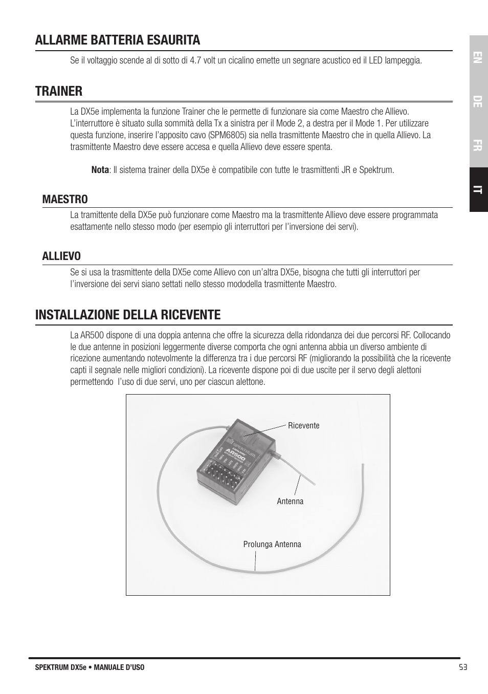 Allarme batteria esaurita, Trainer, Installazione della ricevente | Spektrum SPMR55001 DX5e Manual User Manual | Page 53 / 67