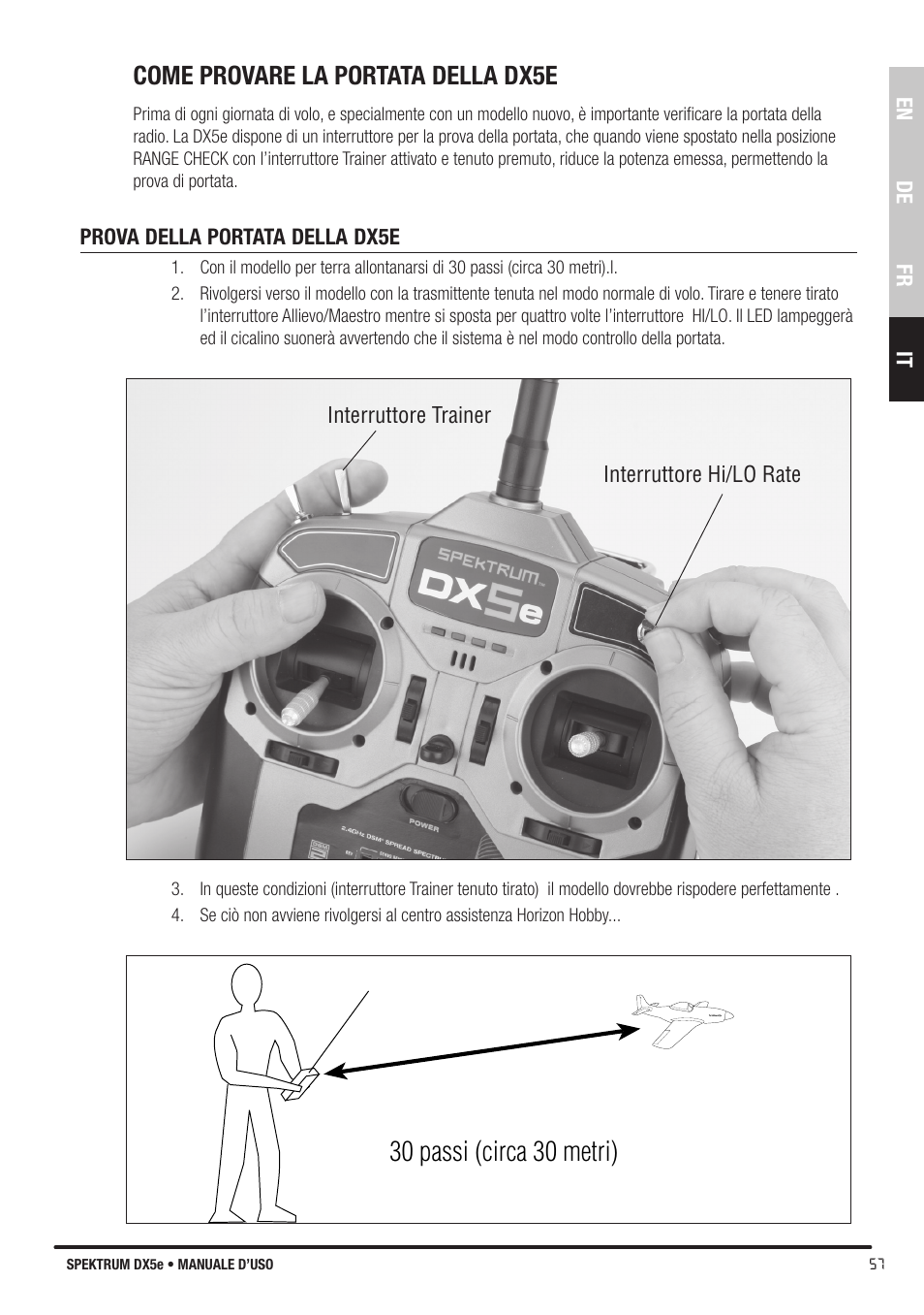 30 passi (circa 30 metri), Come provare la portata della dx5e | Spektrum SPMR55001 DX5e Manual User Manual | Page 57 / 67