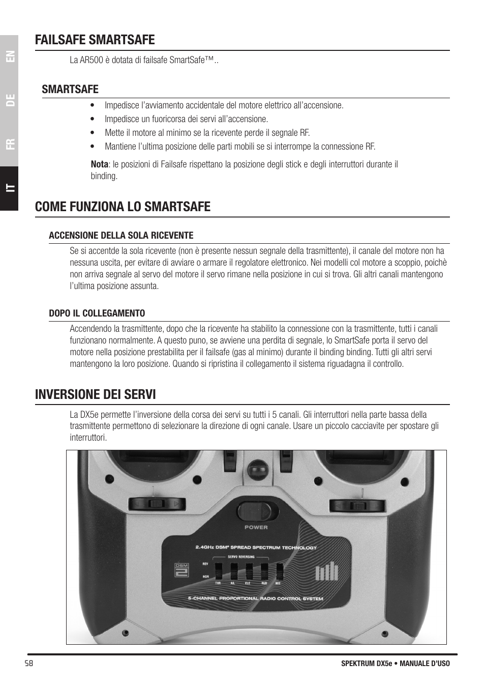 Failsafe smartsafe, Come funziona lo smartsafe, Inversione dei servi | Spektrum SPMR55001 DX5e Manual User Manual | Page 58 / 67