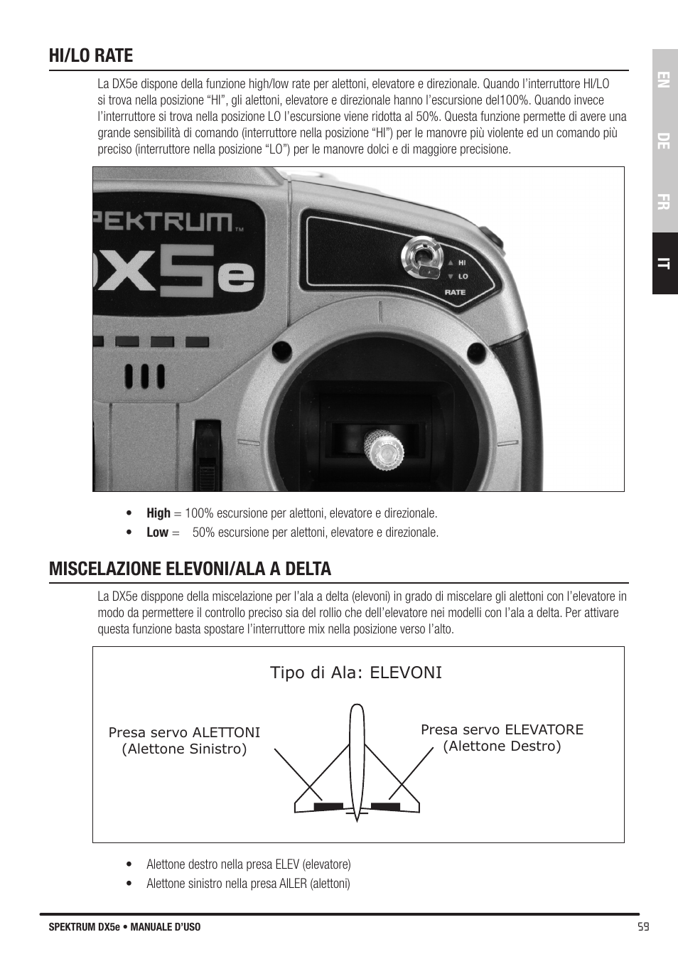 Hi/lo rate, Miscelazione elevoni/ala a delta | Spektrum SPMR55001 DX5e Manual User Manual | Page 59 / 67