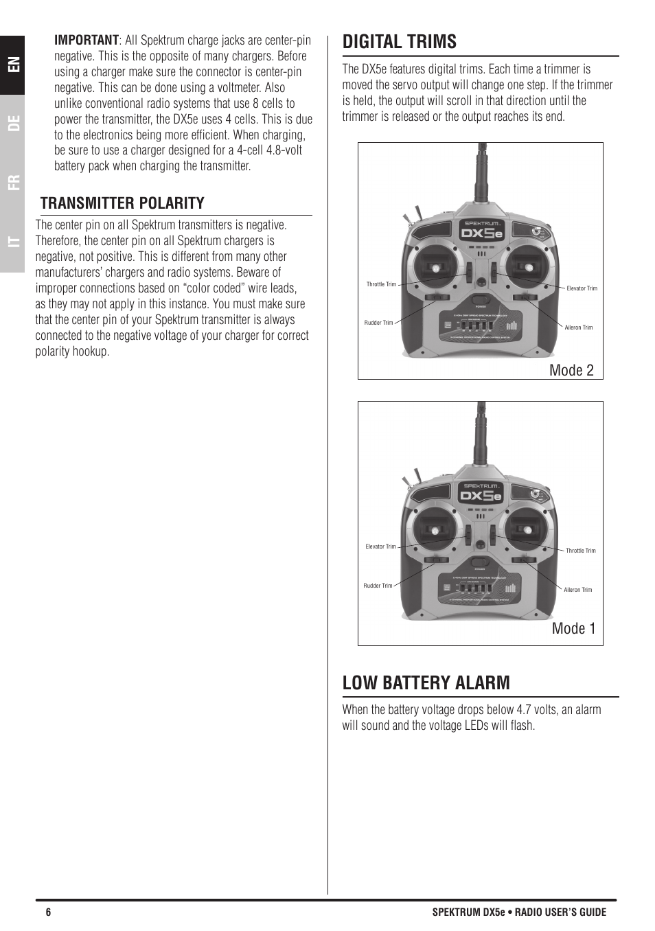 Digital trims, Low battery alarm, En de fr it | Transmitter polarity, Mode 2, Mode 1 | Spektrum SPMR55001 DX5e Manual User Manual | Page 6 / 67