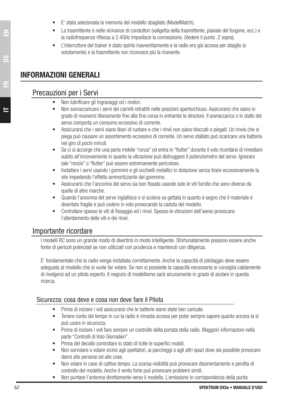 Informazioni generali precauzioni per i servi, Importante ricordare | Spektrum SPMR55001 DX5e Manual User Manual | Page 62 / 67