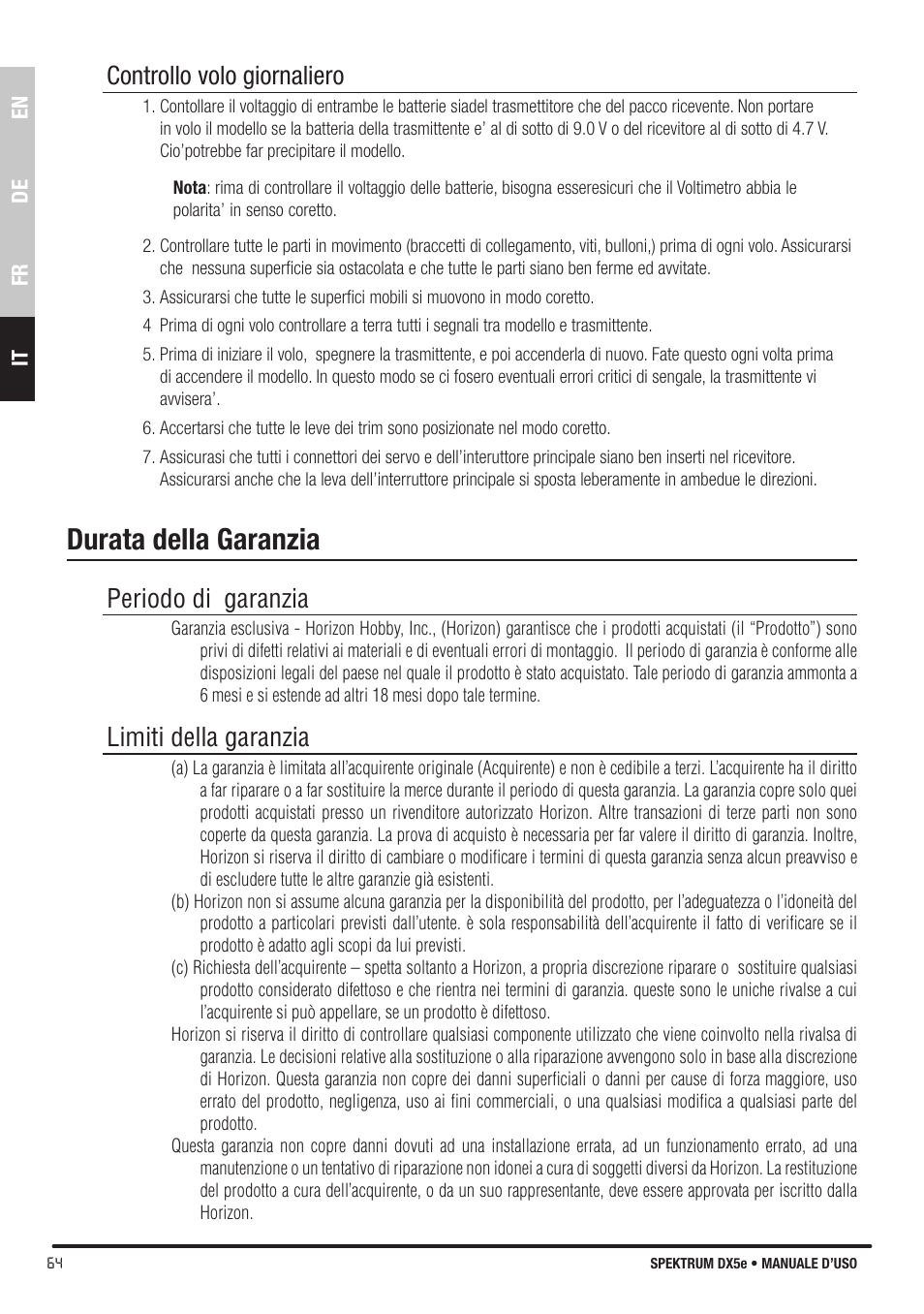 Durata della garanzia, Controllo volo giornaliero, Periodo di garanzia | Limiti della garanzia | Spektrum SPMR55001 DX5e Manual User Manual | Page 64 / 67