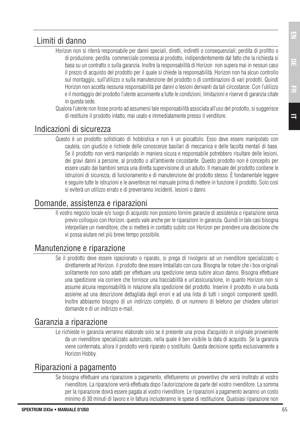 Limiti di danno, Indicazioni di sicurezza, Domande, assistenza e riparazioni | Manutenzione e riparazione, Garanzia a riparazione, Riparazioni a pagamento | Spektrum SPMR55001 DX5e Manual User Manual | Page 65 / 67