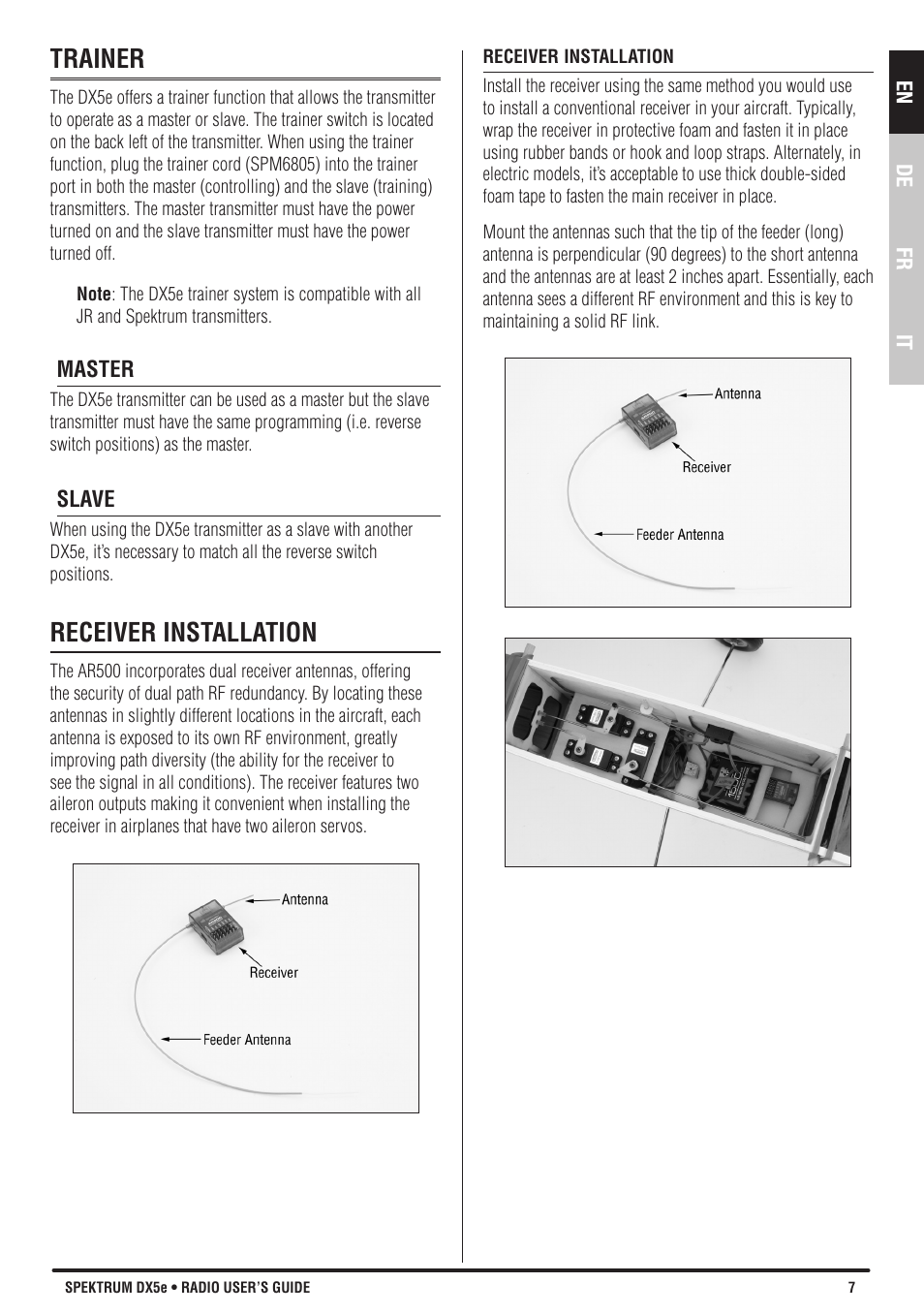 Trainer, Receiver installation | Spektrum SPMR55001 DX5e Manual User Manual | Page 7 / 67