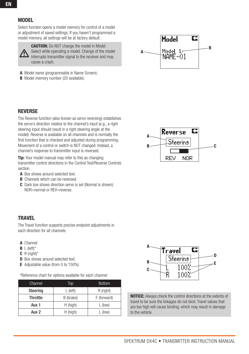 En model, Reverse, Travel | Spektrum SPM4200 DX4C User Manual | Page 10 / 21