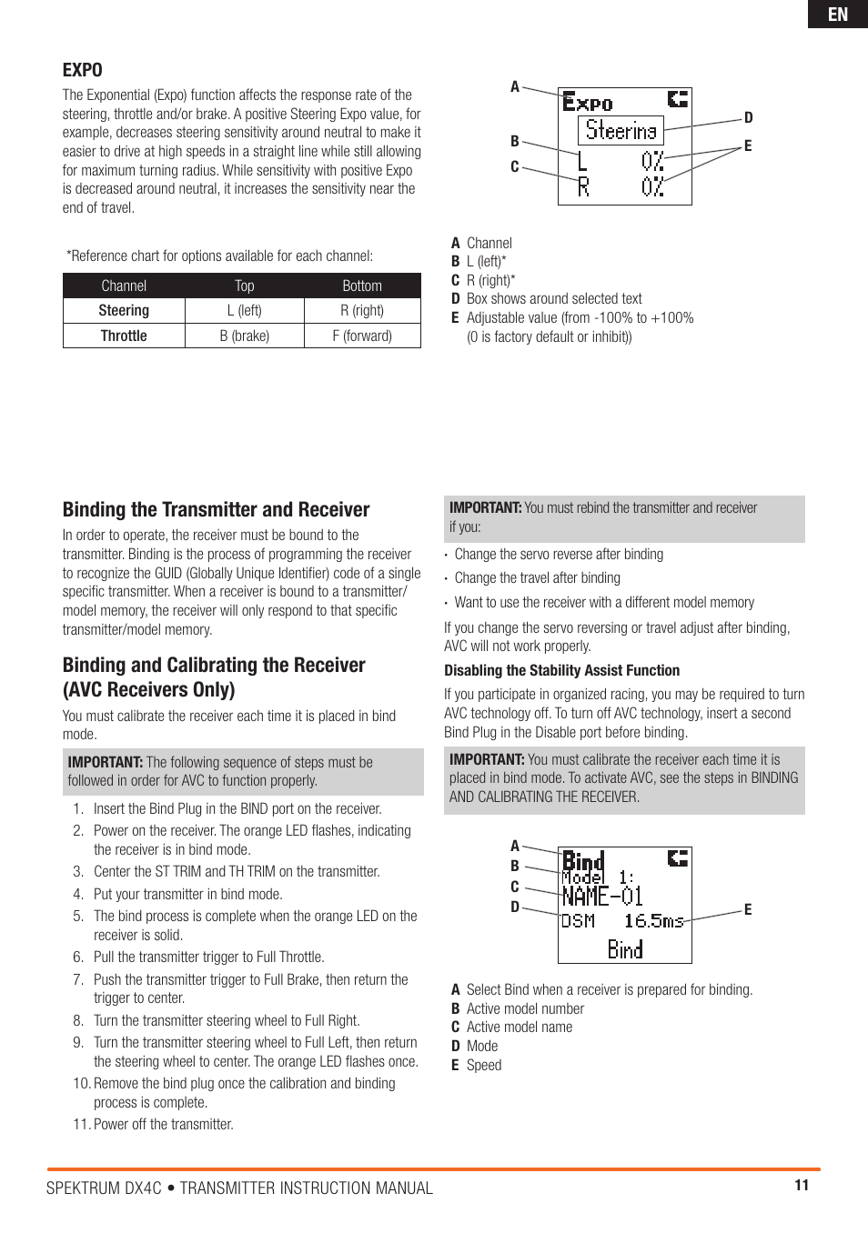 Binding the transmitter and receiver, En expo | Spektrum SPM4200 DX4C User Manual | Page 11 / 21