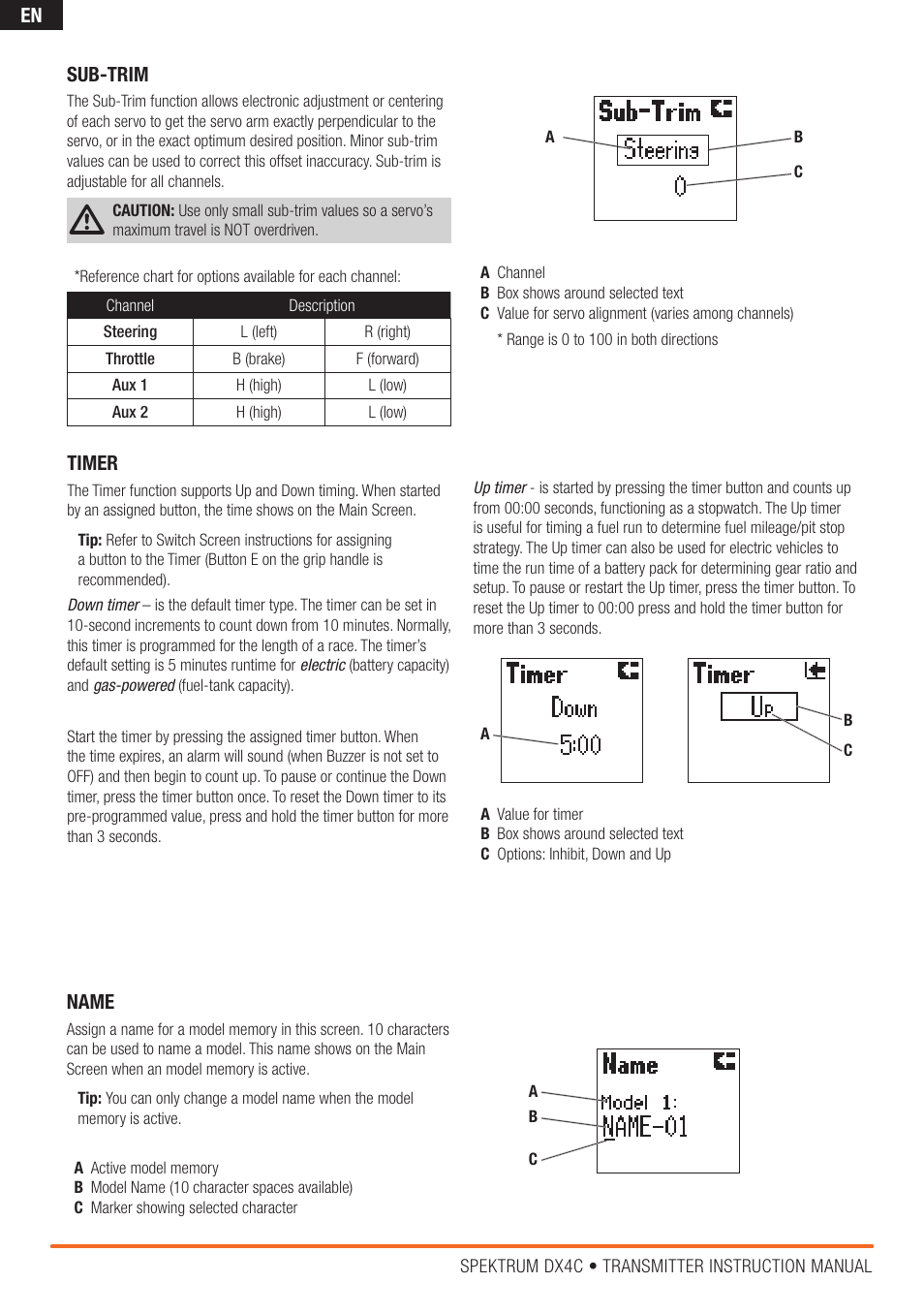 En sub-trim, Timer, Name | Spektrum SPM4200 DX4C User Manual | Page 12 / 21