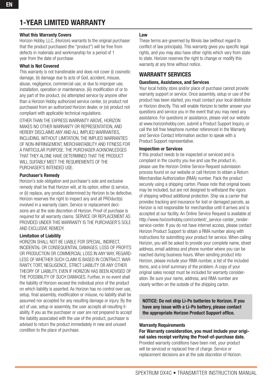 Year limited warranty | Spektrum SPM4200 DX4C User Manual | Page 18 / 21