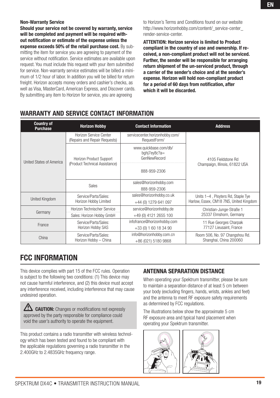 Fcc information, Warranty and service contact information, Antenna separation distance | Spektrum SPM4200 DX4C User Manual | Page 19 / 21