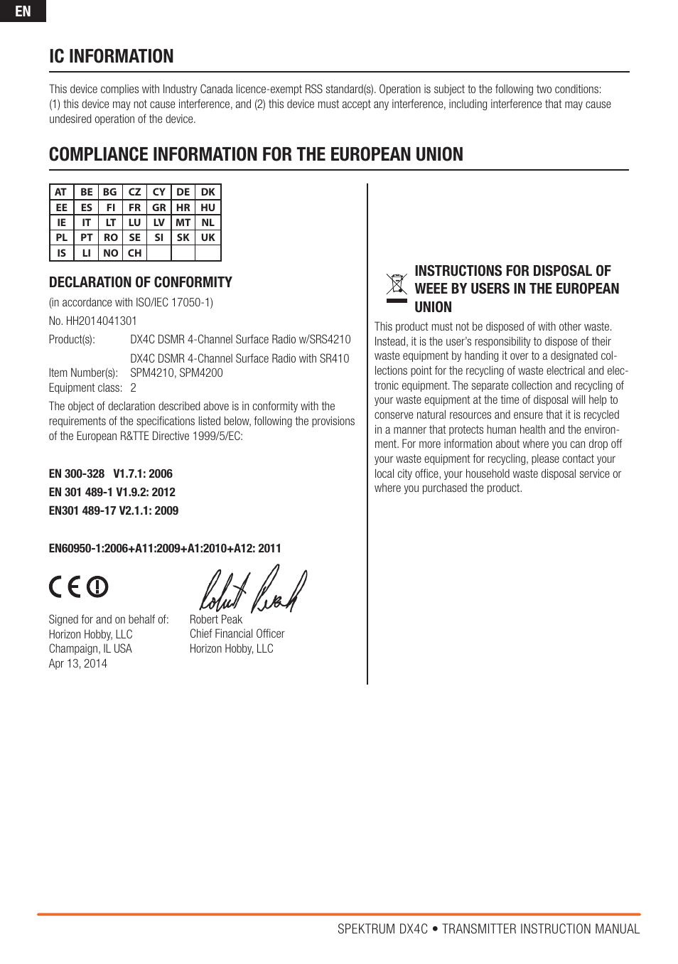 Compliance information for the european union, Ic information | Spektrum SPM4200 DX4C User Manual | Page 20 / 21