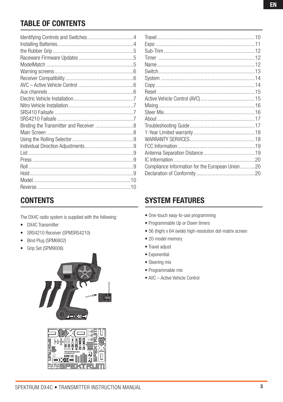 Table of contents contents system features | Spektrum SPM4200 DX4C User Manual | Page 3 / 21