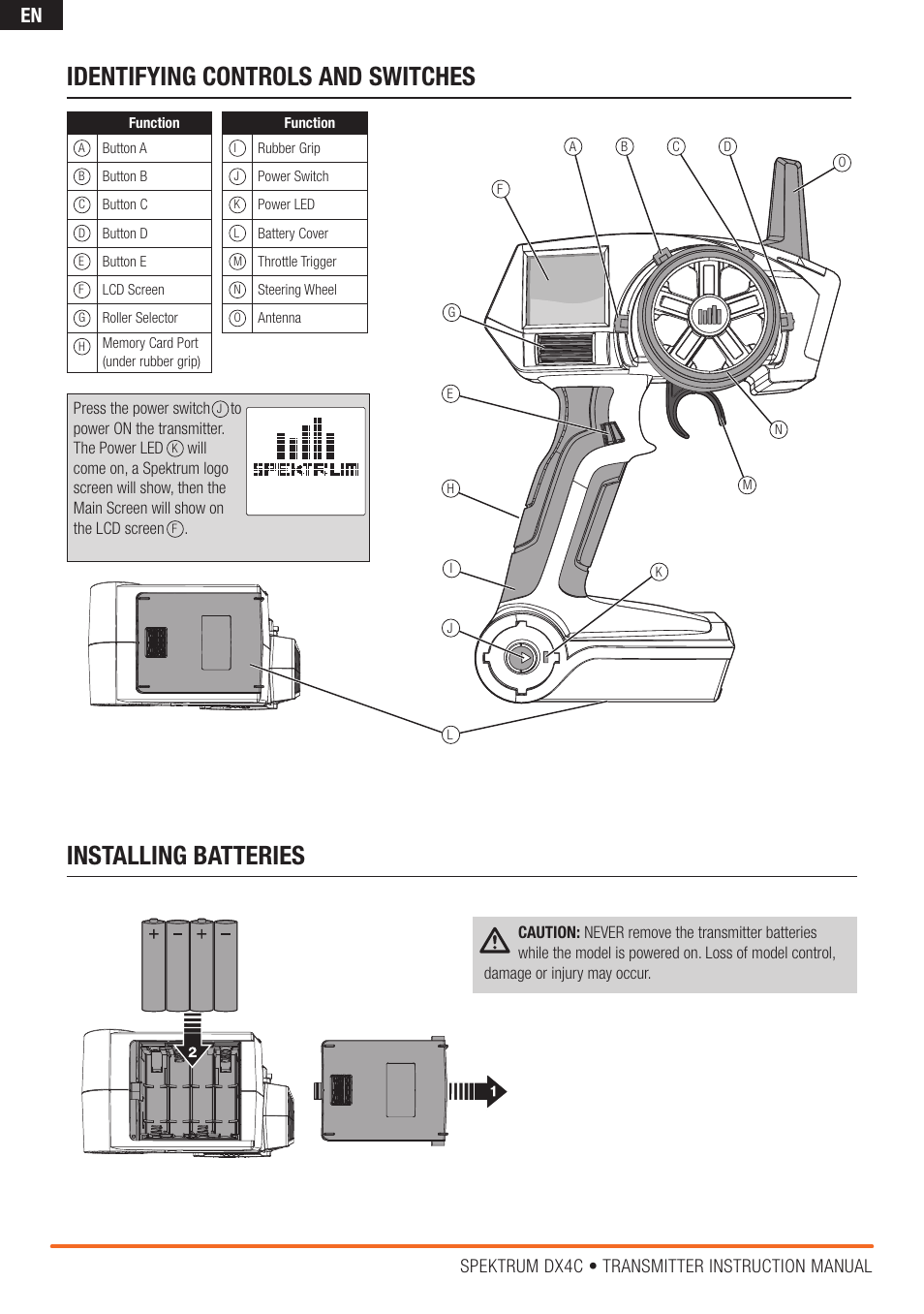 Installing batteries, Identifying controls and switches, Spektrum dx4c • transmitter instruction manual | Spektrum SPM4200 DX4C User Manual | Page 4 / 21