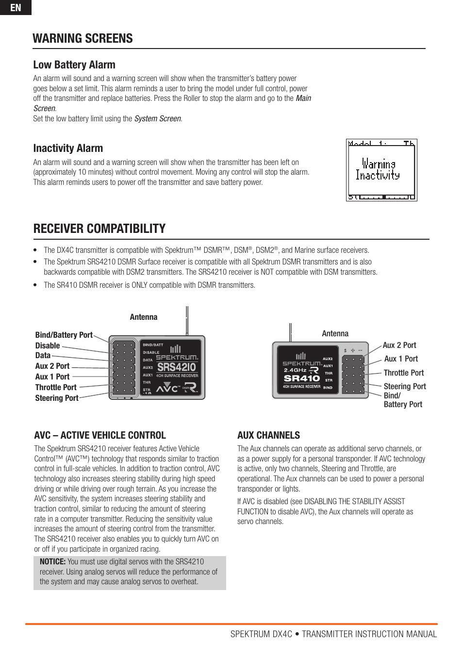 Receiver compatibility warning screens, Low battery alarm, Inactivity alarm | Spektrum SPM4200 DX4C User Manual | Page 6 / 21
