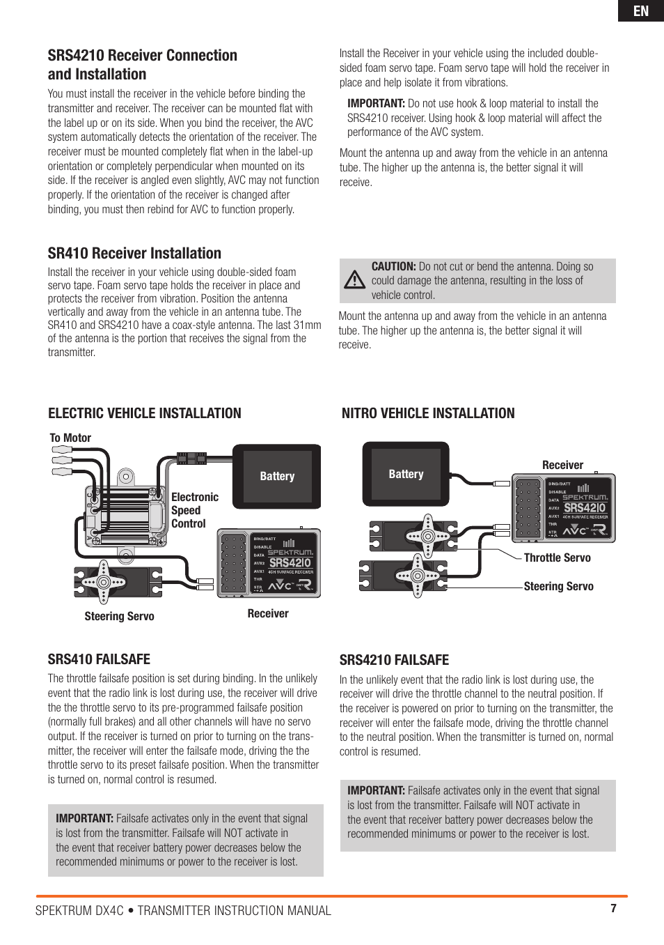 Srs4210 receiver connection and installation, Sr410 receiver installation | Spektrum SPM4200 DX4C User Manual | Page 7 / 21