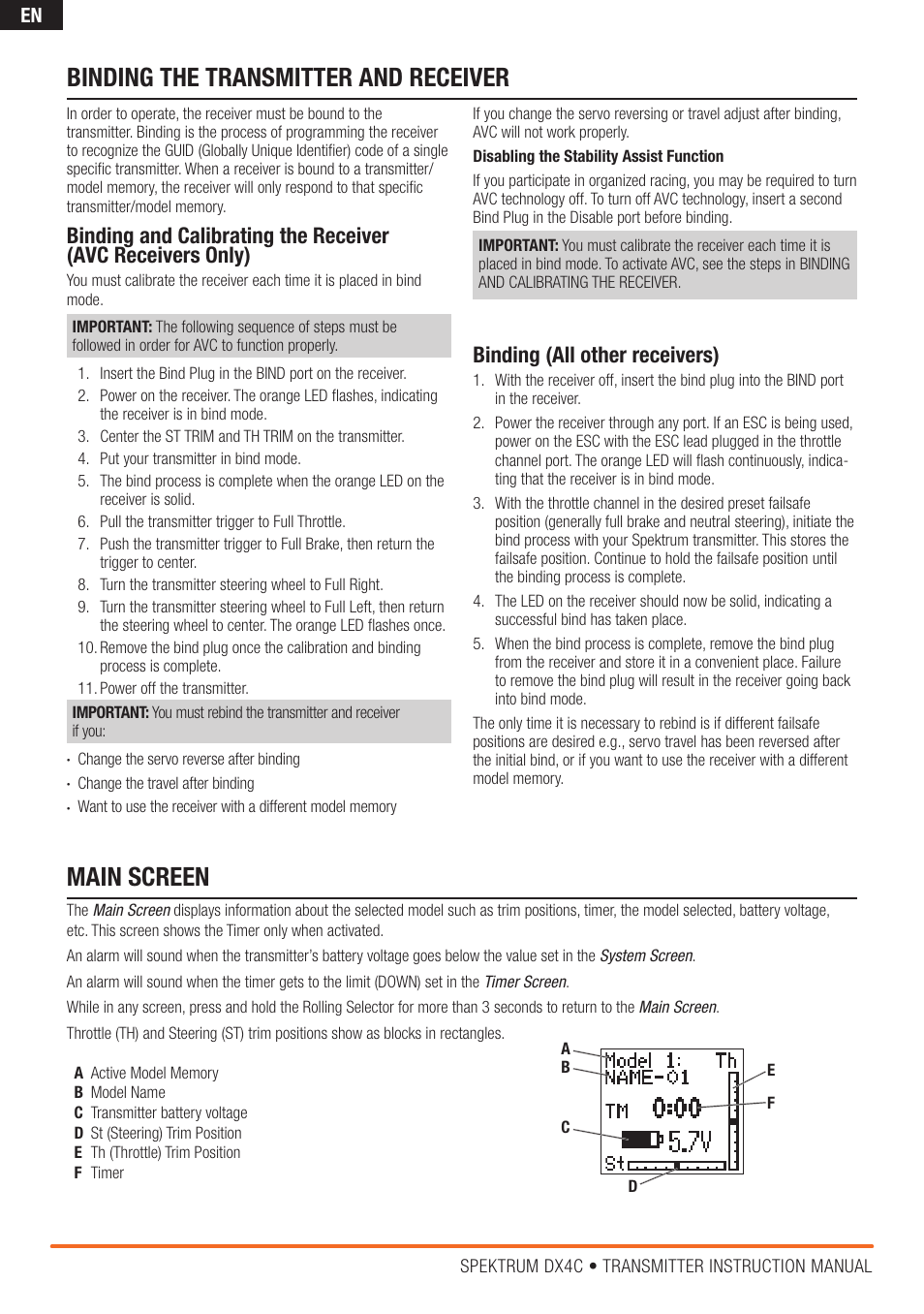 Main screen, Binding the transmitter and receiver, Binding (all other receivers) | Spektrum SPM4200 DX4C User Manual | Page 8 / 21