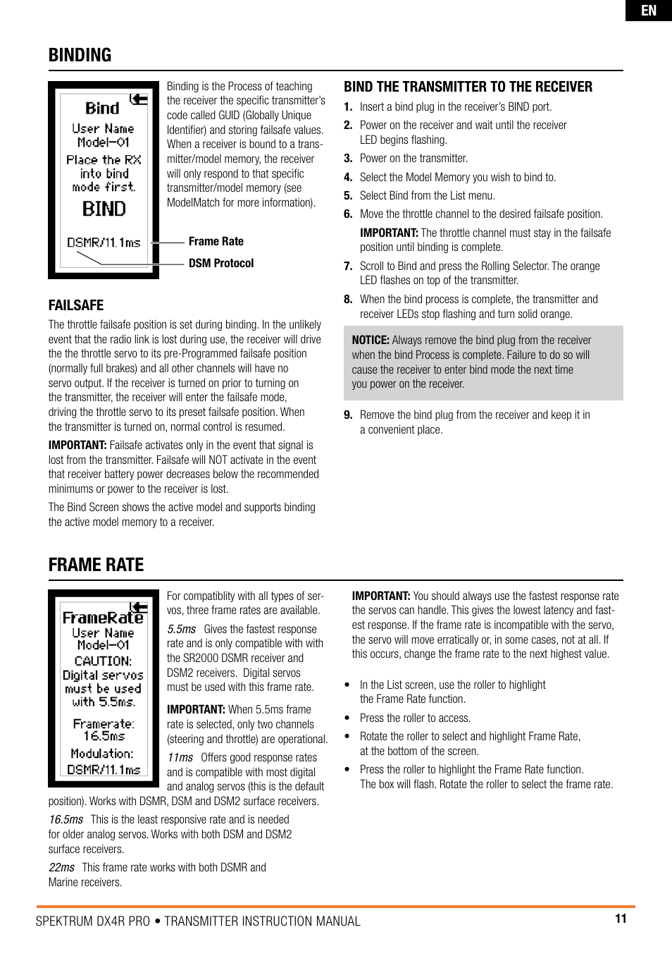 Binding, Frame rate | Spektrum SPM4100 DX4R PRO User Manual | Page 11 / 24