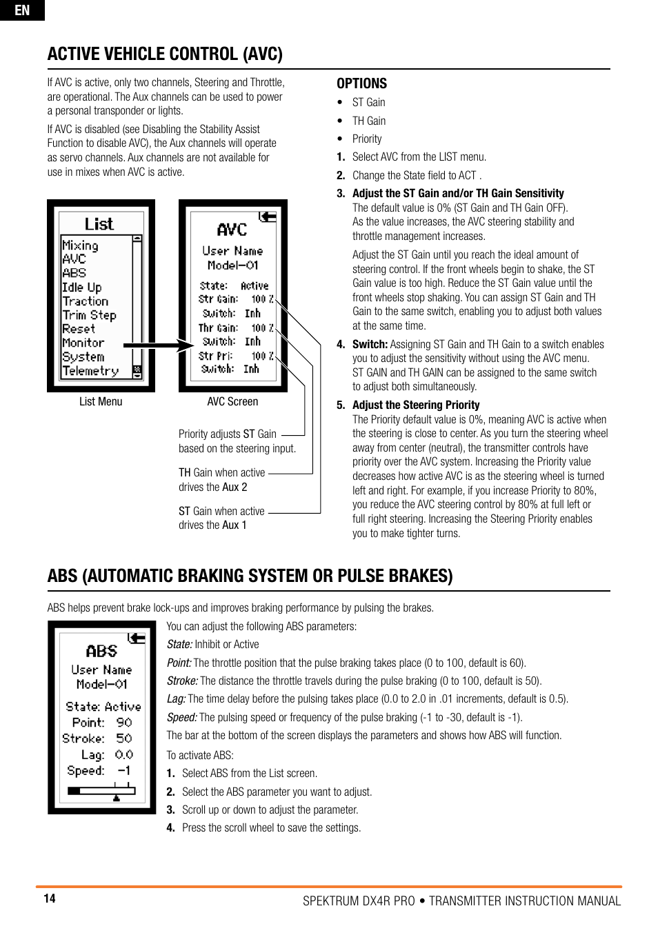 Abs (automatic braking system or pulse brakes), Active vehicle control (avc) | Spektrum SPM4100 DX4R PRO User Manual | Page 14 / 24