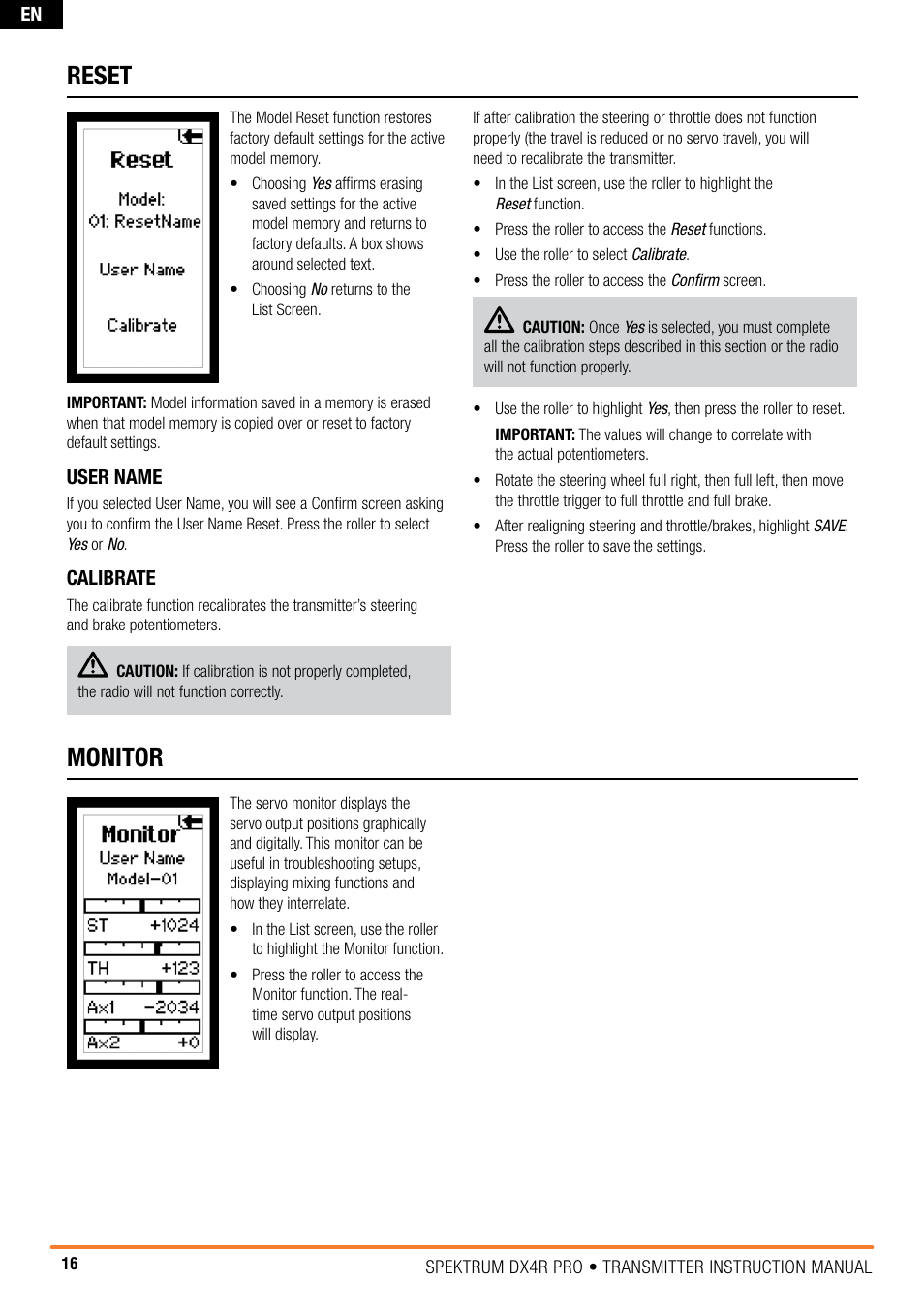 Monitor, Reset | Spektrum SPM4100 DX4R PRO User Manual | Page 16 / 24