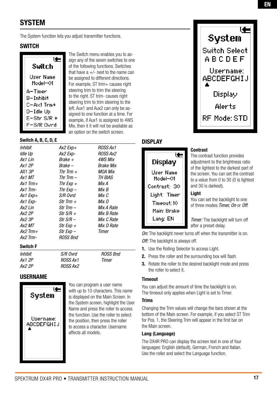 System, Switch, Display | Username | Spektrum SPM4100 DX4R PRO User Manual | Page 17 / 24
