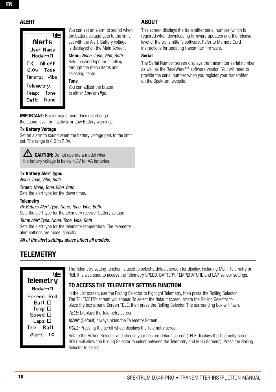 Telemetry | Spektrum SPM4100 DX4R PRO User Manual | Page 18 / 24
