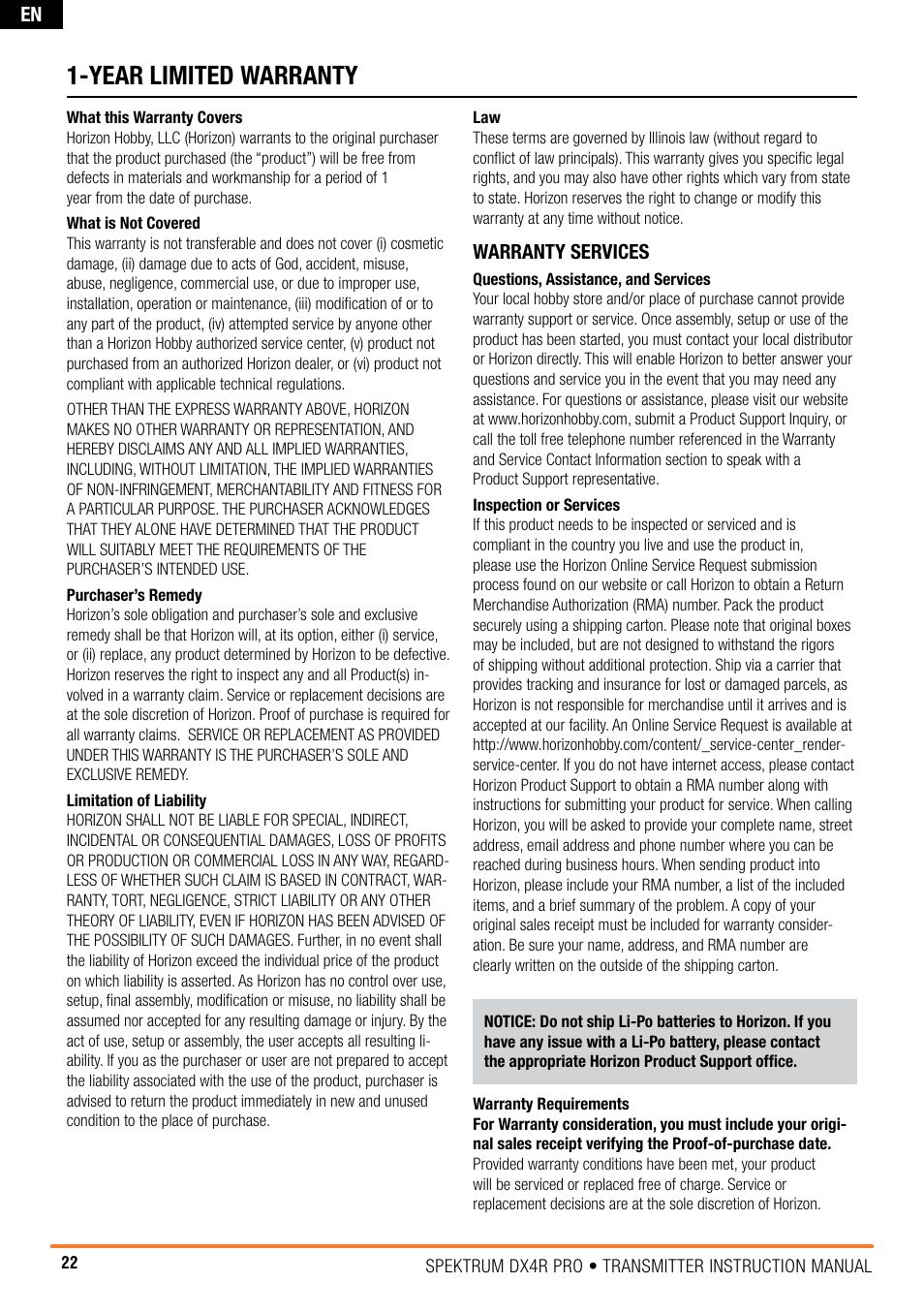 Year limited warranty | Spektrum SPM4100 DX4R PRO User Manual | Page 22 / 24