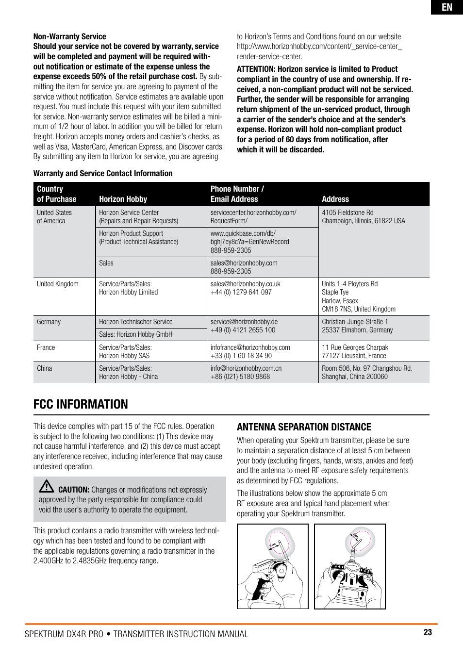 Fcc information, Antenna separation distance | Spektrum SPM4100 DX4R PRO User Manual | Page 23 / 24