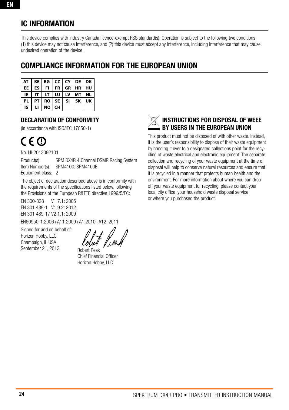 Compliance information for the european union, Ic information | Spektrum SPM4100 DX4R PRO User Manual | Page 24 / 24