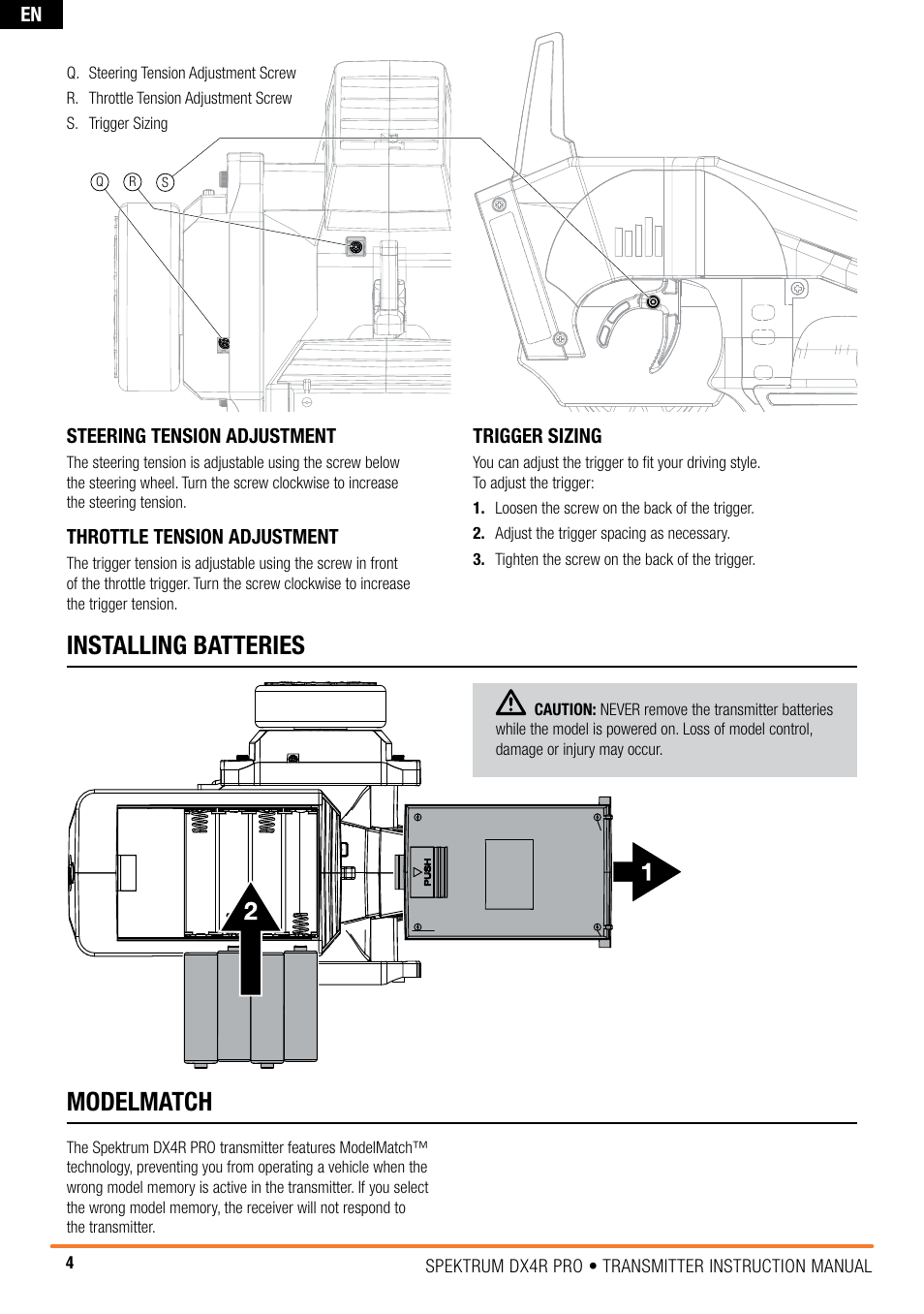 Installing batteries, Modelmatch | Spektrum SPM4100 DX4R PRO User Manual | Page 4 / 24