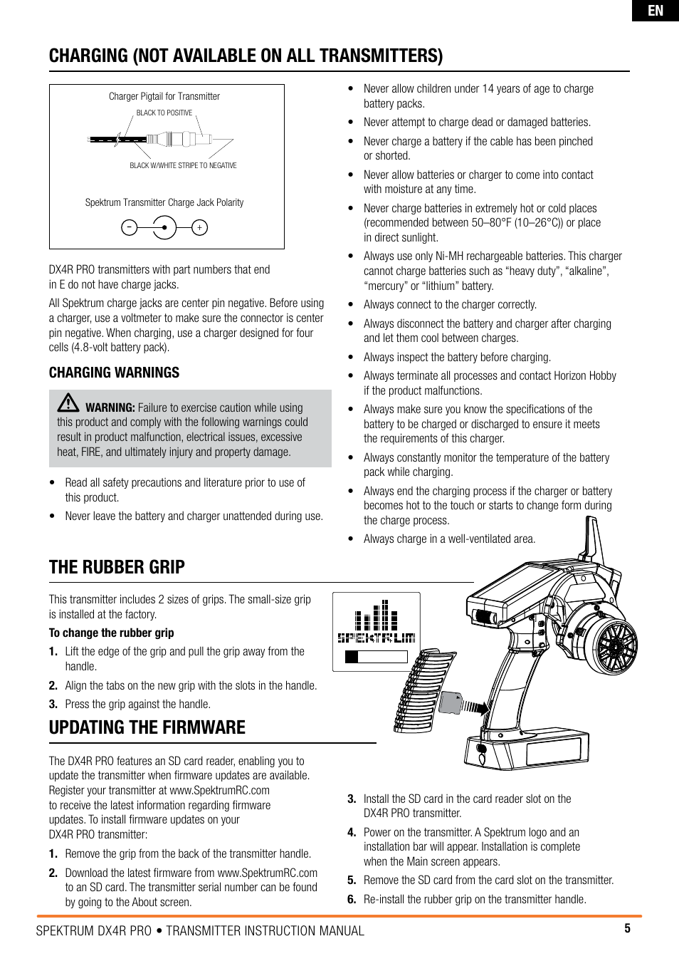 Charging (not available on all transmitters), The rubber grip, Updating the firmware | Charging warnings | Spektrum SPM4100 DX4R PRO User Manual | Page 5 / 24