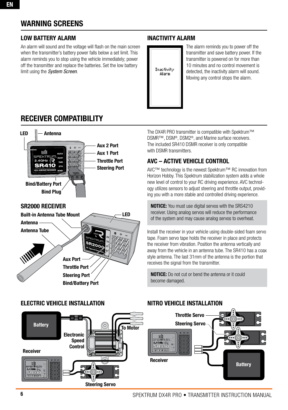 Receiver compatibility, Warning screens, Avc – active vehicle control | Low battery alarm, Inactivity alarm, Sr2000 receiver | Spektrum SPM4100 DX4R PRO User Manual | Page 6 / 24