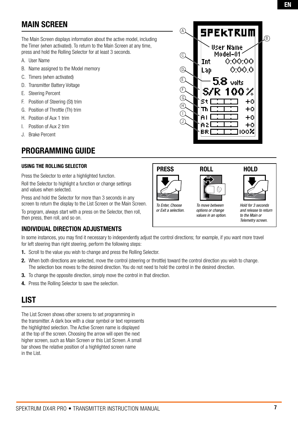 Turn press press, Main screen, Programming guide | List | Spektrum SPM4100 DX4R PRO User Manual | Page 7 / 24