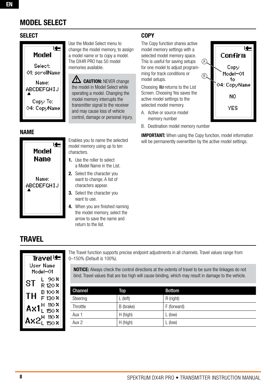 Model select, Travel | Spektrum SPM4100 DX4R PRO User Manual | Page 8 / 24