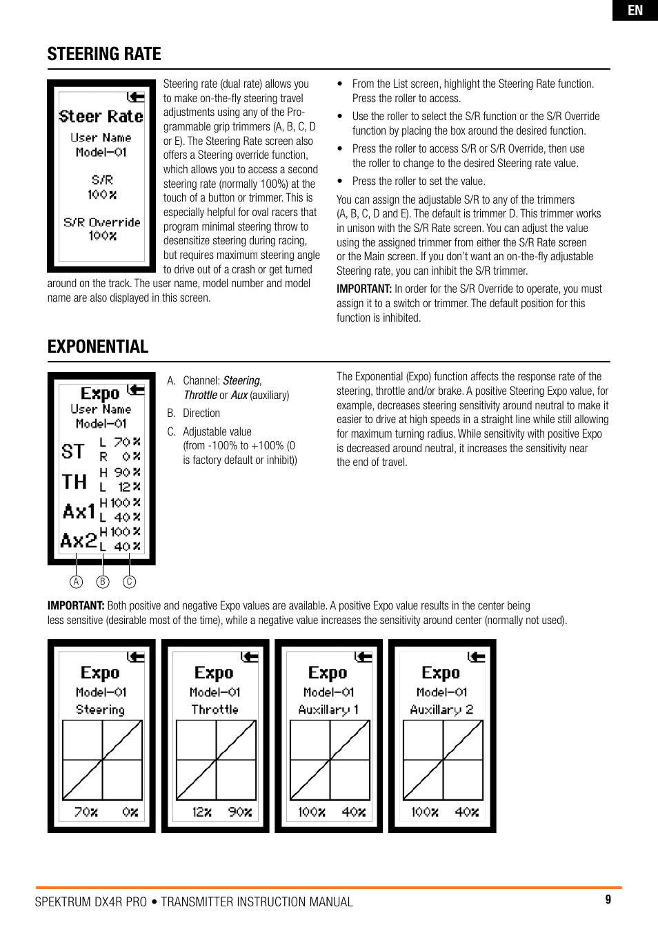 Exponential, Steering rate | Spektrum SPM4100 DX4R PRO User Manual | Page 9 / 24