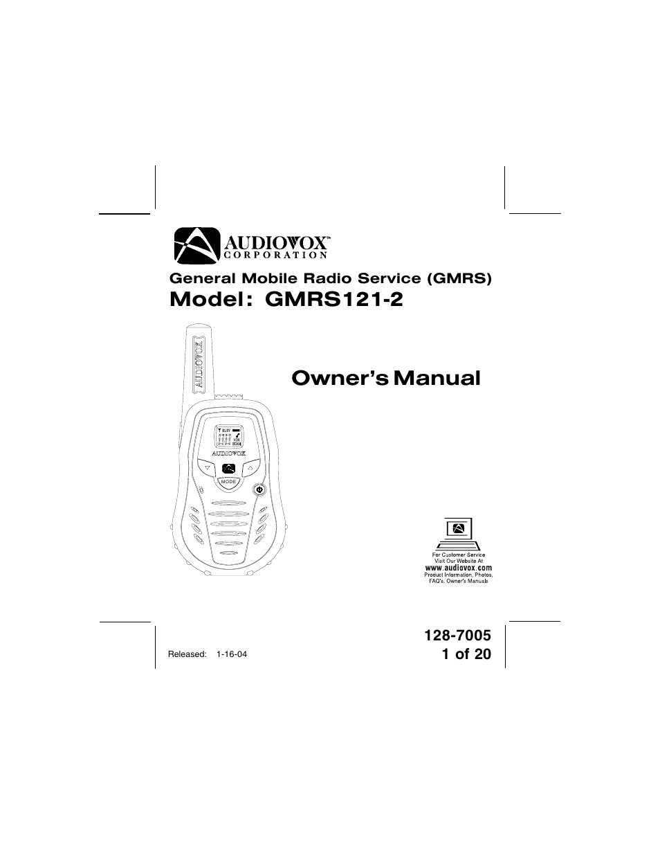 Audiovox GMRS121-2 User Manual | 20 pages