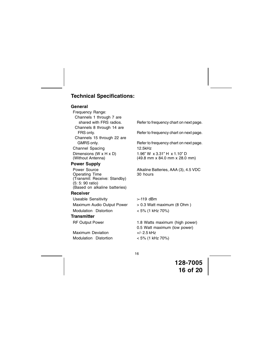 Technical specifications | Audiovox GMRS121-2 User Manual | Page 16 / 20