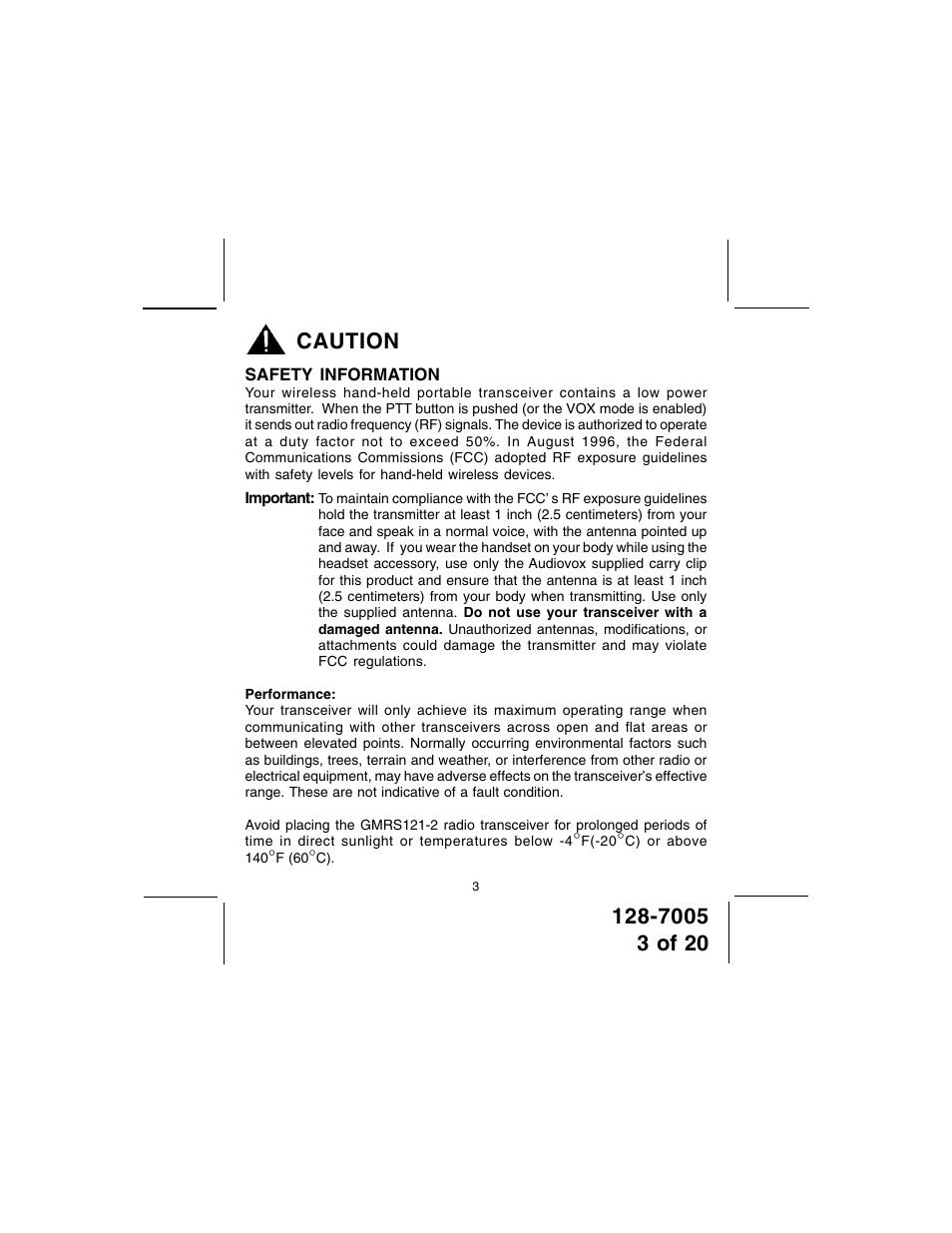 Caution | Audiovox GMRS121-2 User Manual | Page 3 / 20