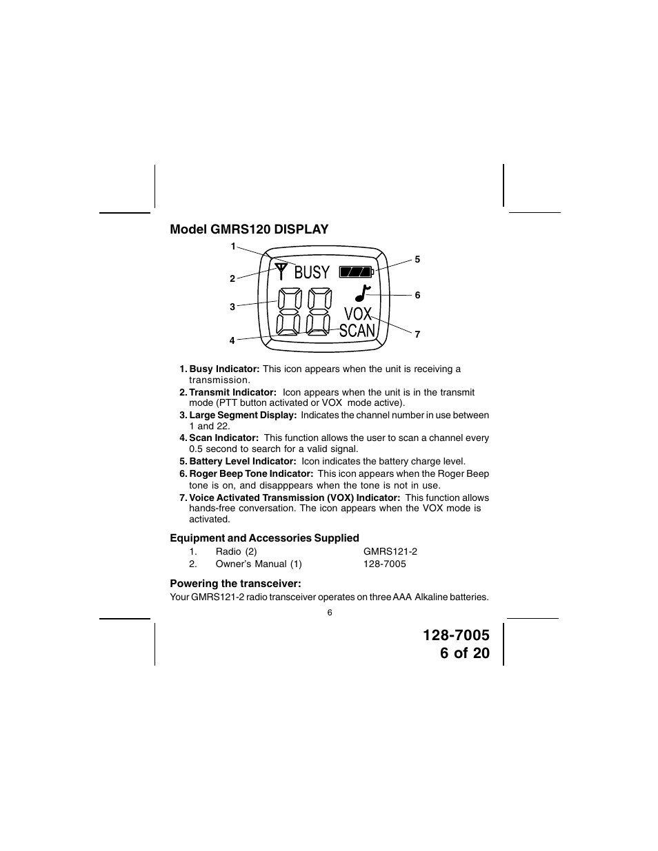 Model gmrs120 display | Audiovox GMRS121-2 User Manual | Page 6 / 20