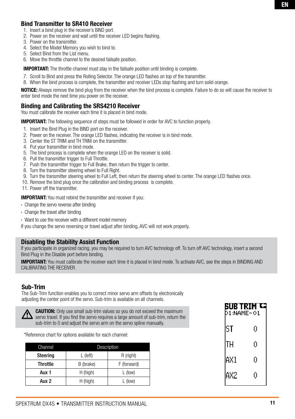 En sub-trim, Binding and calibrating the srs4210 receiver, Disabling the stability assist function | Bind transmitter to sr410 receiver | Spektrum SPM4010 DX4S User Manual | Page 11 / 23