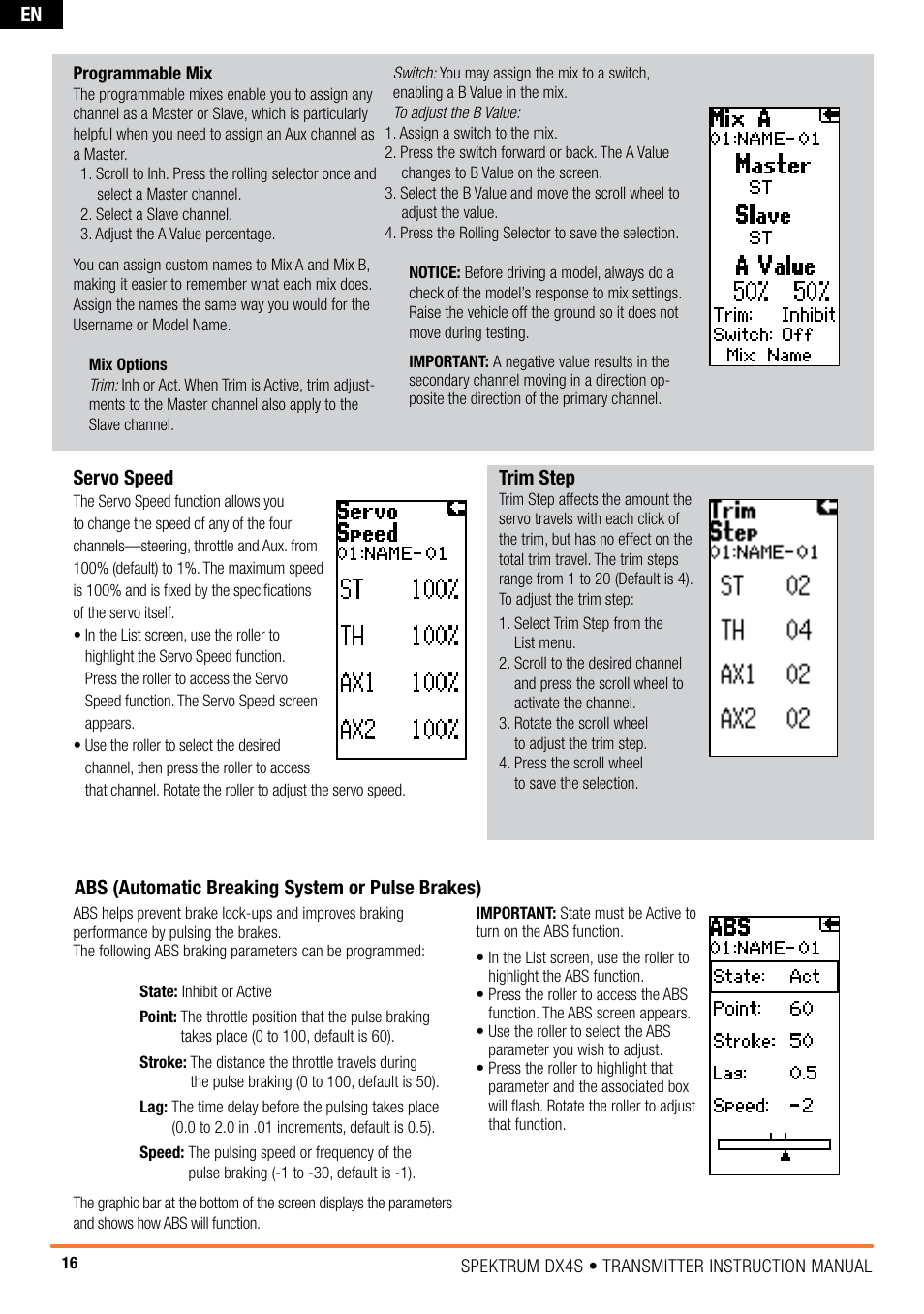 Servo speed, Trim step, Abs (automatic breaking system or pulse brakes) | Spektrum SPM4010 DX4S User Manual | Page 16 / 23