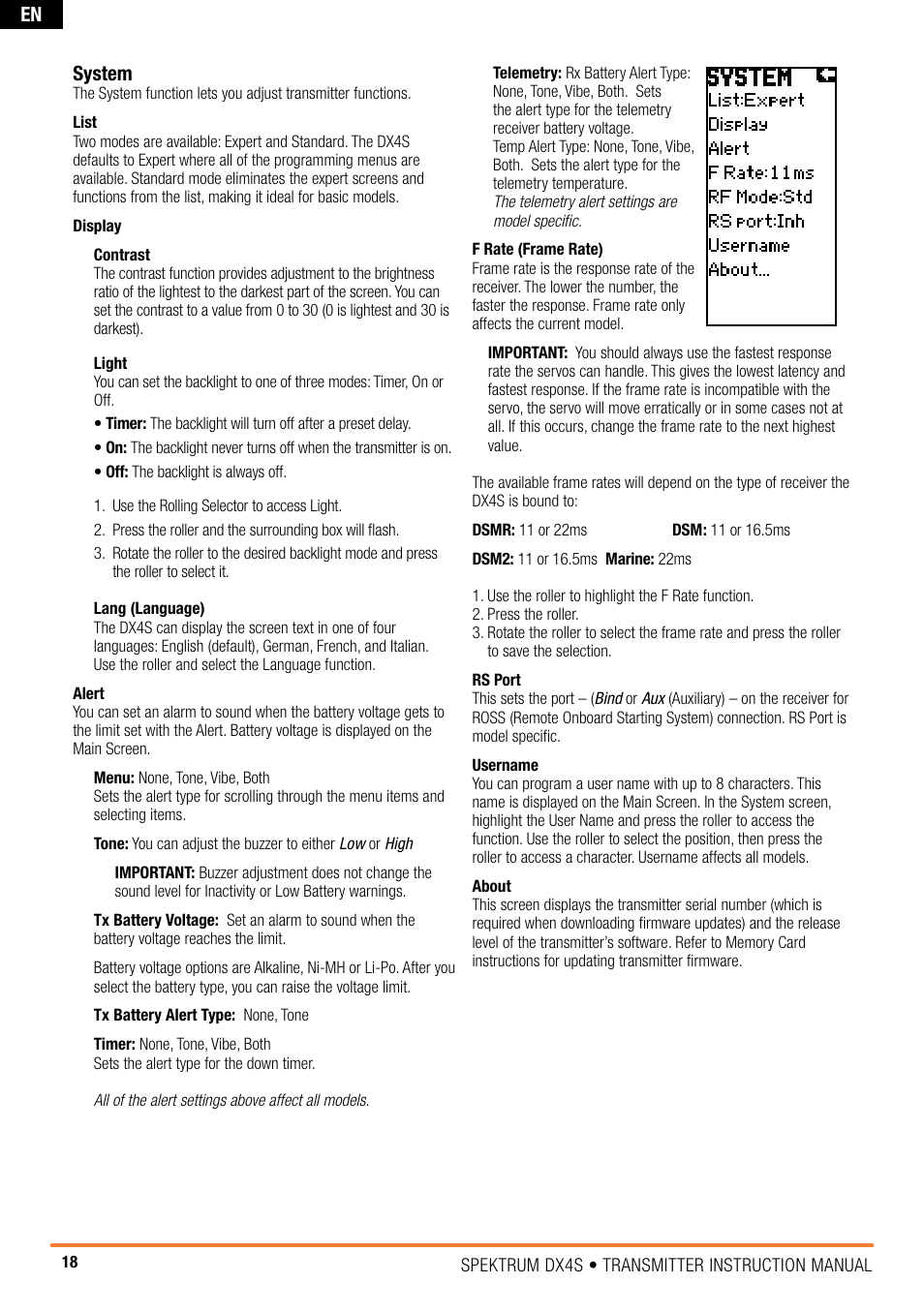 En system | Spektrum SPM4010 DX4S User Manual | Page 18 / 23
