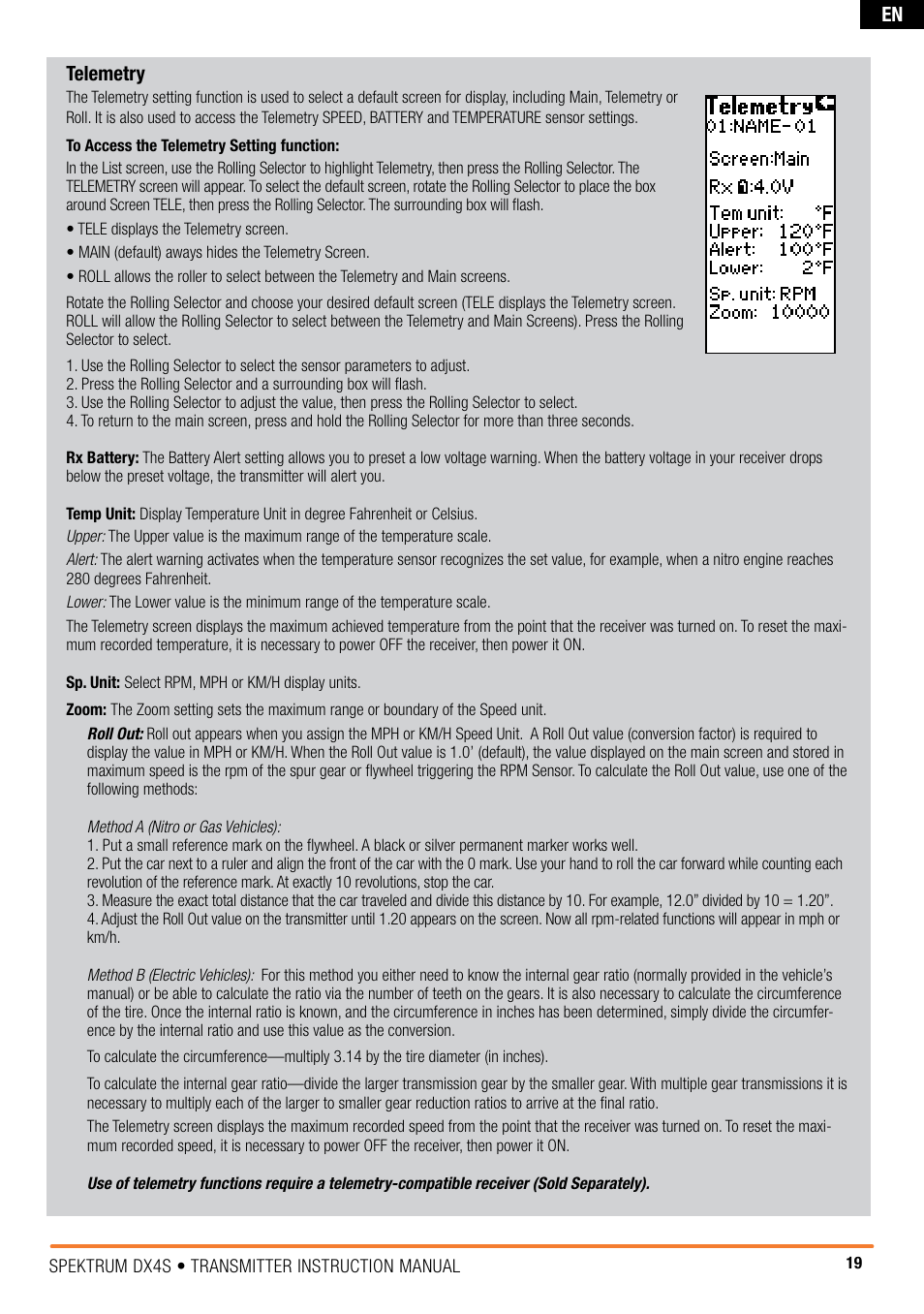 En telemetry | Spektrum SPM4010 DX4S User Manual | Page 19 / 23