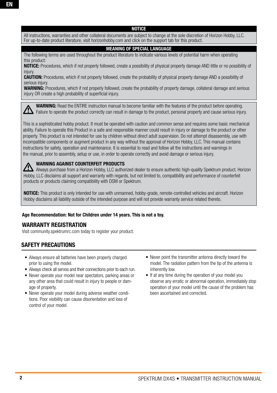 Warranty registration, Safety precautions | Spektrum SPM4010 DX4S User Manual | Page 2 / 23