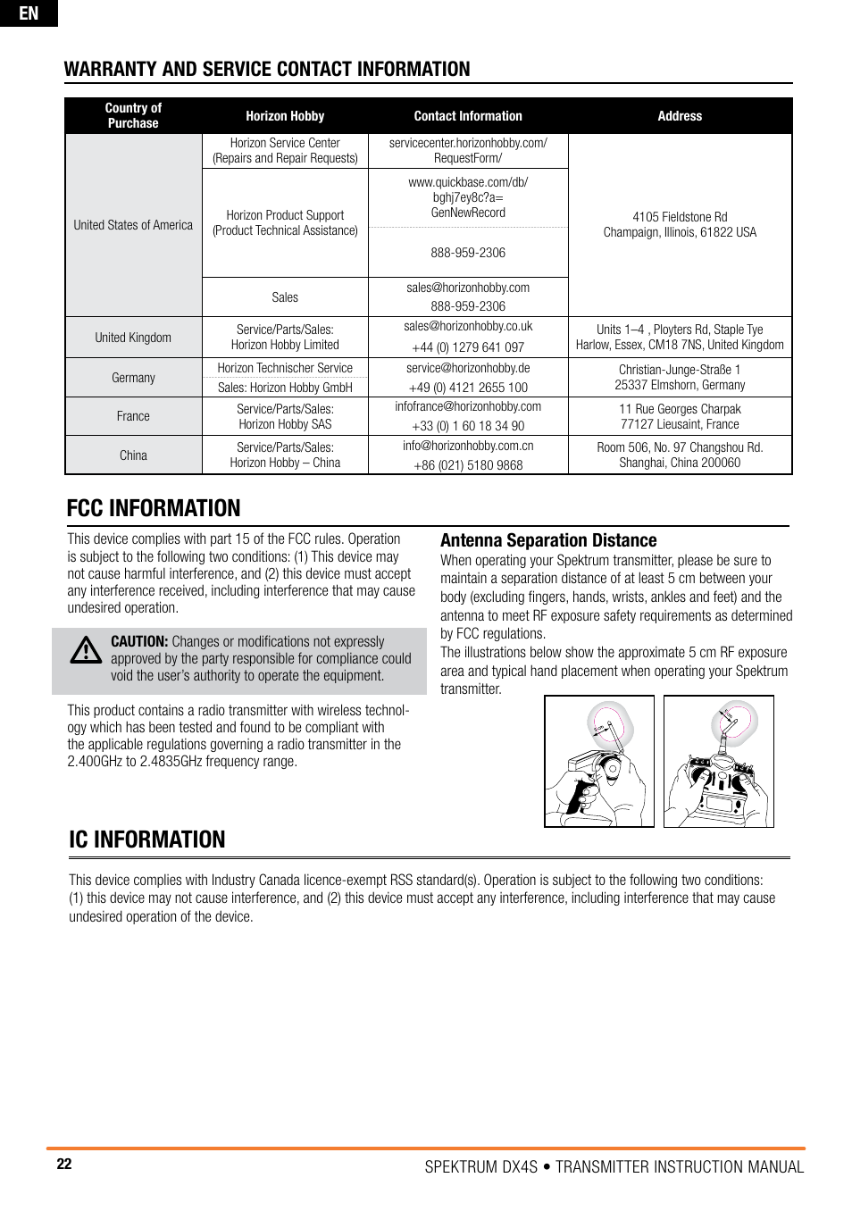 Fcc information ic information, Warranty and service contact information, Antenna separation distance | Spektrum SPM4010 DX4S User Manual | Page 22 / 23