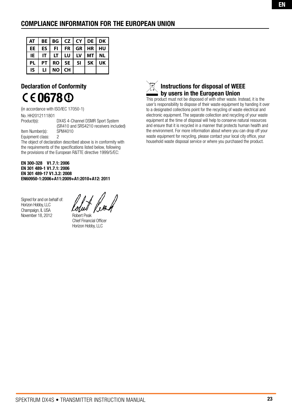 Compliance information for the european union, Declaration of conformity | Spektrum SPM4010 DX4S User Manual | Page 23 / 23