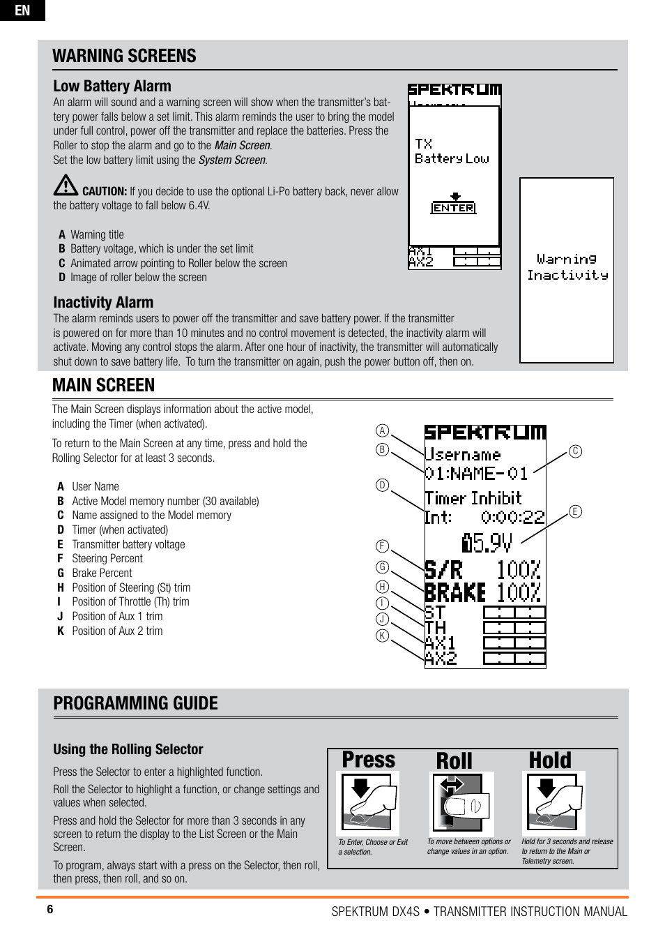 Roll hold press, Turn press press, Main screen | Warning screens, Programming guide, Inactivity alarm, Low battery alarm | Spektrum SPM4010 DX4S User Manual | Page 6 / 23