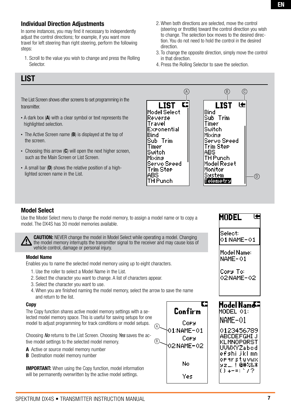 List, Individual direction adjustments, Model select | Spektrum SPM4010 DX4S User Manual | Page 7 / 23
