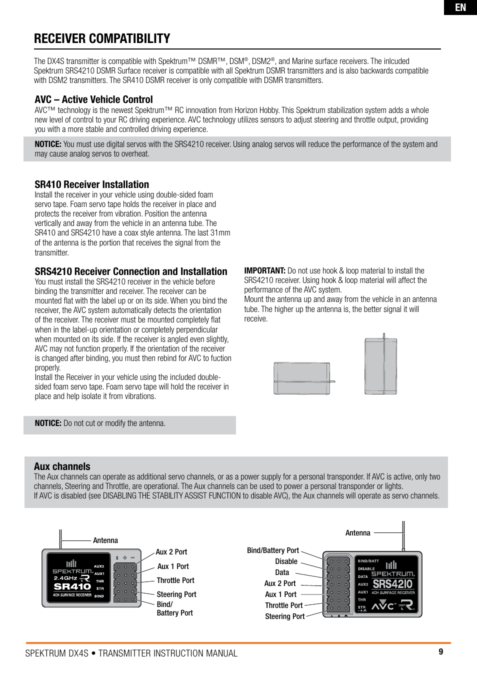 Receiver compatibility, Srs4210 receiver connection and installation, Aux channels | Avc – active vehicle control, Sr410 receiver installation | Spektrum SPM4010 DX4S User Manual | Page 9 / 23